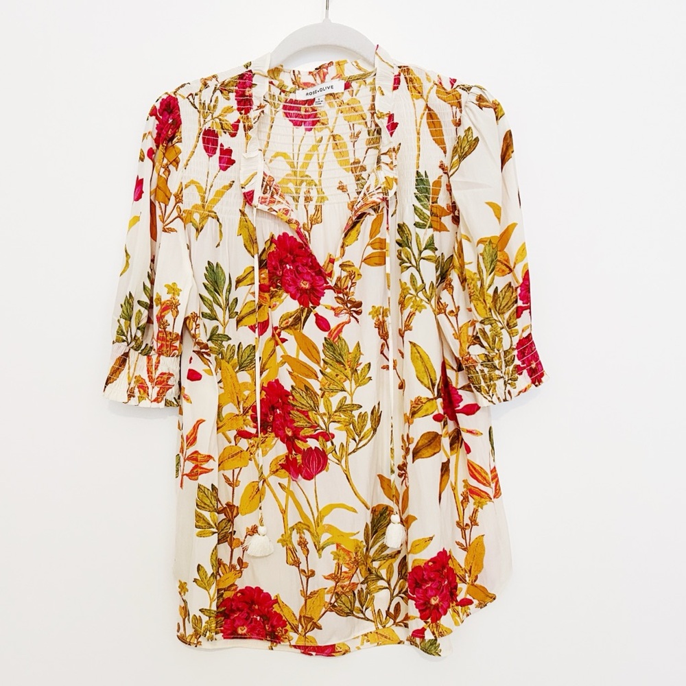Rose & Olive White Floral Peasant Blouse with Red & Mustard Print